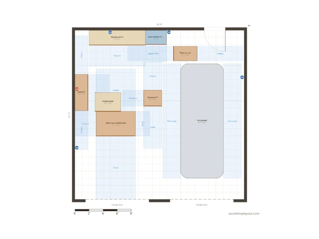 Two car garage woodshop layout plan with one car parked and the shop on the other half