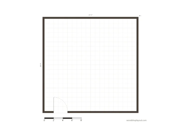 Empty 20x20 room on a grid with one door, the blank start for your own woodshop layout