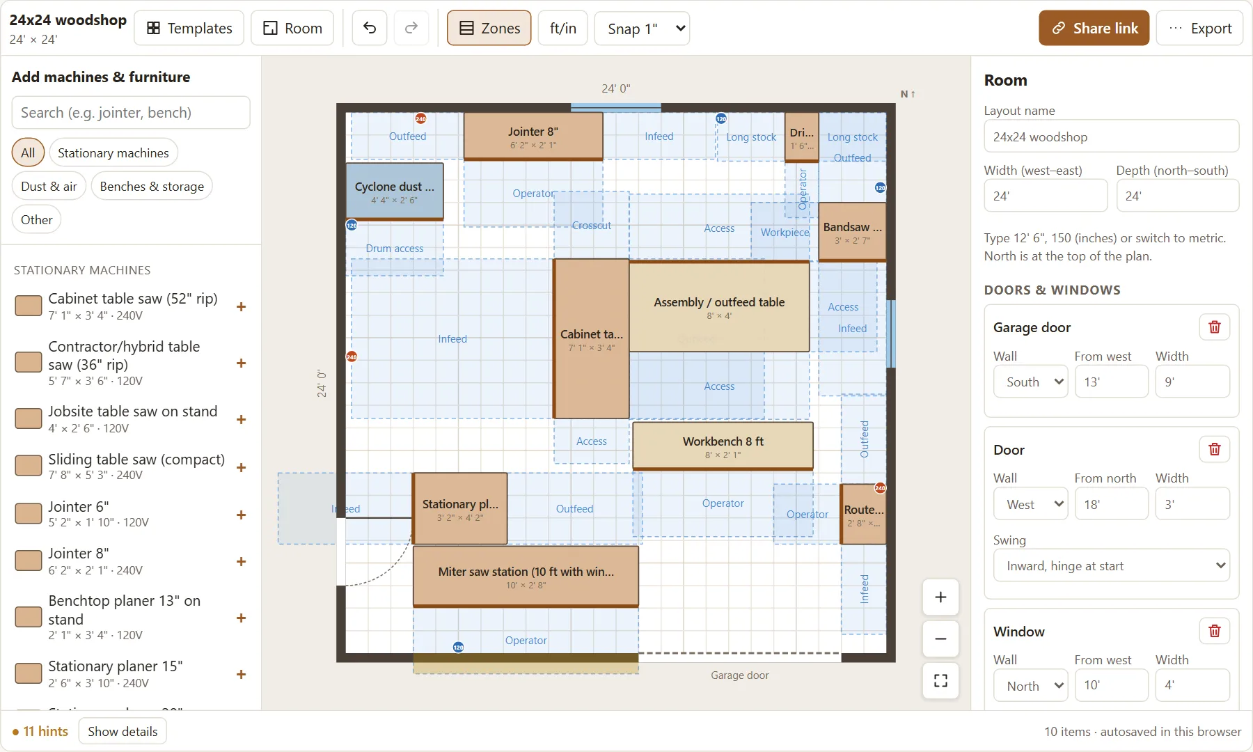 Woodshop layout planner showing a 24x24 shop with cabinet saw, jointer, planer and their infeed and outfeed zones